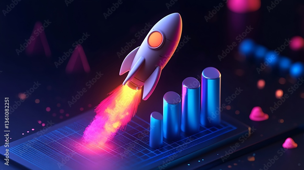 Poster futuristic rocket launching from bar graph, a futuristic rocket launching from a bar graph, symboliz