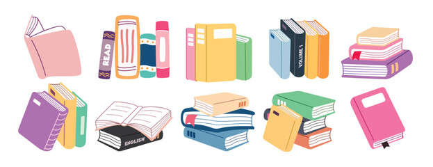 Books drawing icon clipart set. School colorful textbook elements clip art for student and teacher learning reading comprehension educational materials collection vector illustration.
