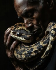 Man cradling an exotic snake, the scales gleaming under dramatic lighting, showcasing a mix of trust and curiosity in the interaction