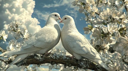 Fototapeta premium Two White Doves Facing Each Other Among Blossoming Flowers Under a Clear Sky with Fluffy Clouds