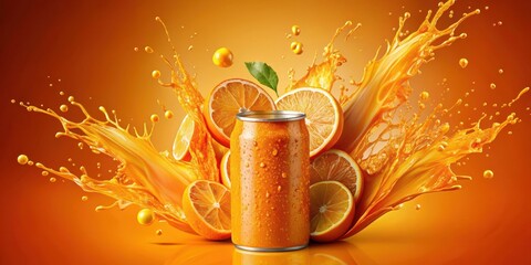 vibrant orange soda can, dynamic splash, colorful liquid, citrusy splash, citrus explosion, fizzy drink, beverage spill, swirling patterns, soda pop, tea, drink, cup, glass, beverage, isolated, food, 