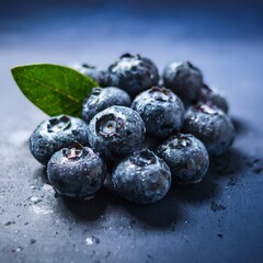 A close-up of plump, fresh blueberries with a deep blue hue and a slightly frosted surface, resting against a clean background. 