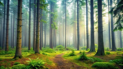 Obraz premium Misty Forest Scene with Towering Pines, forest floor, pine trees, forest floor,pine trees