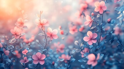 Delicate Pink Blossoms In A Soft Blue Garden