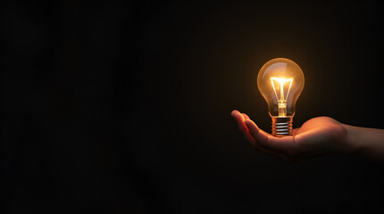 Illuminating Ideas: A hand delicately cradles a glowing light bulb against a dark background, symbolizing inspiration, innovation, and creative potential. 