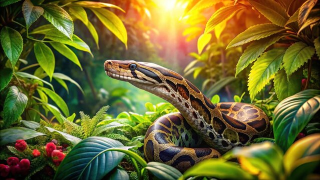 A python snake slithers through dense jungle undergrowth amidst tangled vines and colorful foliage, jungle, wildlife,  jungle