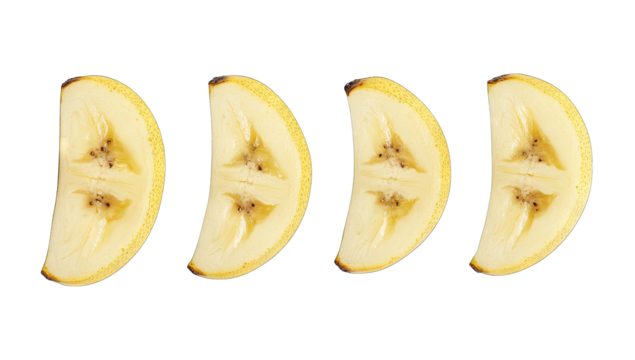 four evenly sliced banana pieces arranged in a row showcasing th