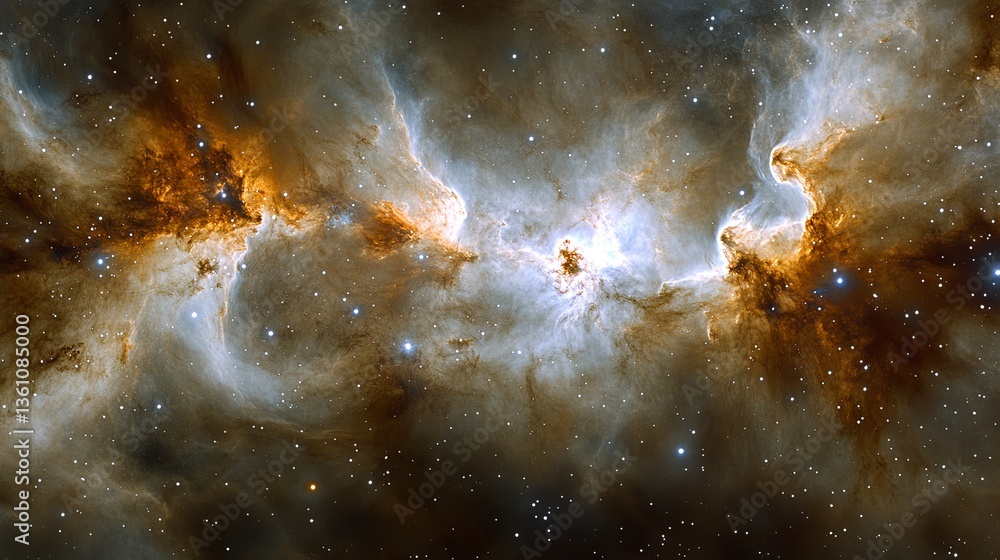Poster vibrant swirling gases and stars form a nebula in deep space with rich colors and intricate patterns