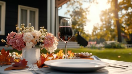 Elegant Dining Table Setting with Plate Wine Glass and Fresh Flowers