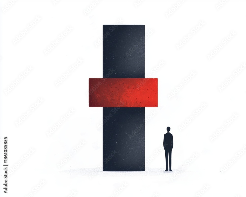 Poster a minimalist depiction of a person standing before a large abstract structure, evoking themes of sca