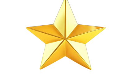a three-dimensional golden star with sharp points and a shiny su