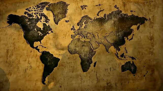 World map illustration on aged paper background showcasing geopolitical boundaries and landmasses
