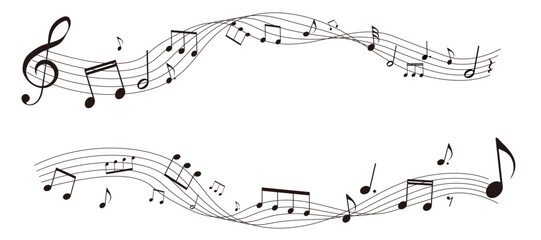 遠近感のある楽譜のフレームイラスト　五線譜　背景イラスト　音符、休符、音楽記号のイラスト © gelatin