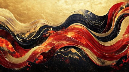 Elegant swirling abstract lines, evoking the essence of dragon whiskers, intricate flowing patterns in shimmering gold and fiery red tones, layered with a mystical glowing effect,
