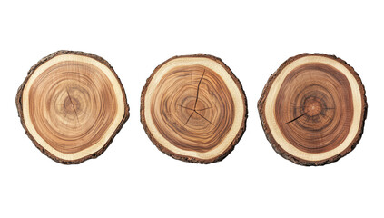 three cross-sections of tree trunks showcasing their natural gra