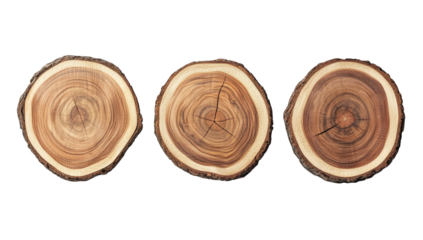 three cross-sections of tree trunks showcasing their natural gra