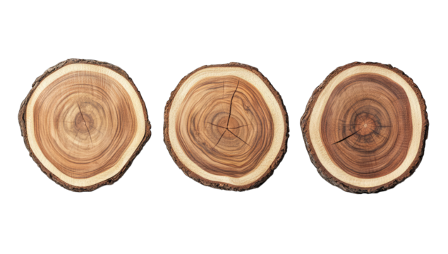 three cross-sections of tree trunks showcasing their natural gra