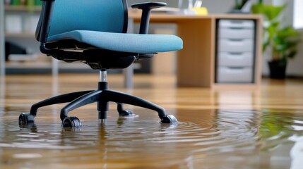 Blue office chair stands in a puddle of water on the floor, water damage in the office, flooding in the workplace.