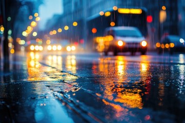 City street drenched in rain at night.  Urban scene illuminated by streetlights and car headlights reflecting in puddles