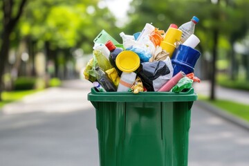 Overflowing green trash bin filled with various waste, in a park setting, promoting waste management.