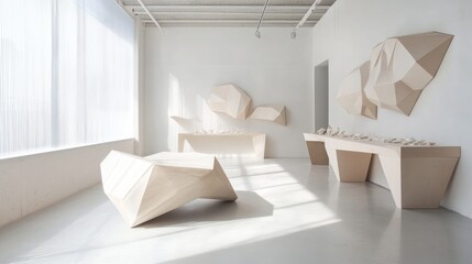 Minimalist showroom presenting abstract geometric sculptures in a bright space