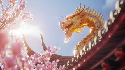 Fototapeta premium golden Chinese dragon on eaves with pink peach blossoms and sunlight
