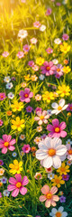 Colorful wildflowers in sunny spring meadow background