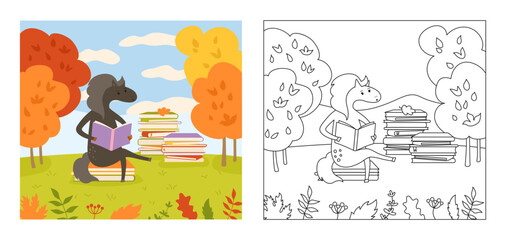 Horse reading book autumn landscape coloring book for kids cartoon vector illustration. Smart mare horse learns. Comic purebred stallion back to school character animal. Drawing design for children