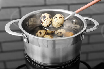 Spoon with boiled quail eggs above cooking pot on electric stove