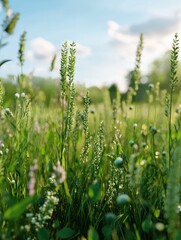 Sunny Meadow for Summer Grass, Blooming Flowers.