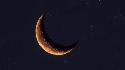 Naklejka premium A crescent moon glows brightly against a dark night sky, speckled with numerous stars. The moon's surface detail is visible, showcasing its craters and texture. A serene and celestial scene.
