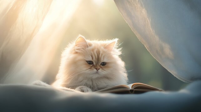 Fluffy Cat Reading a Book in Soft Natural Light Through Curtain