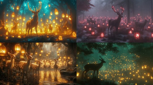 Enchanting deer in mystical glowing forest.