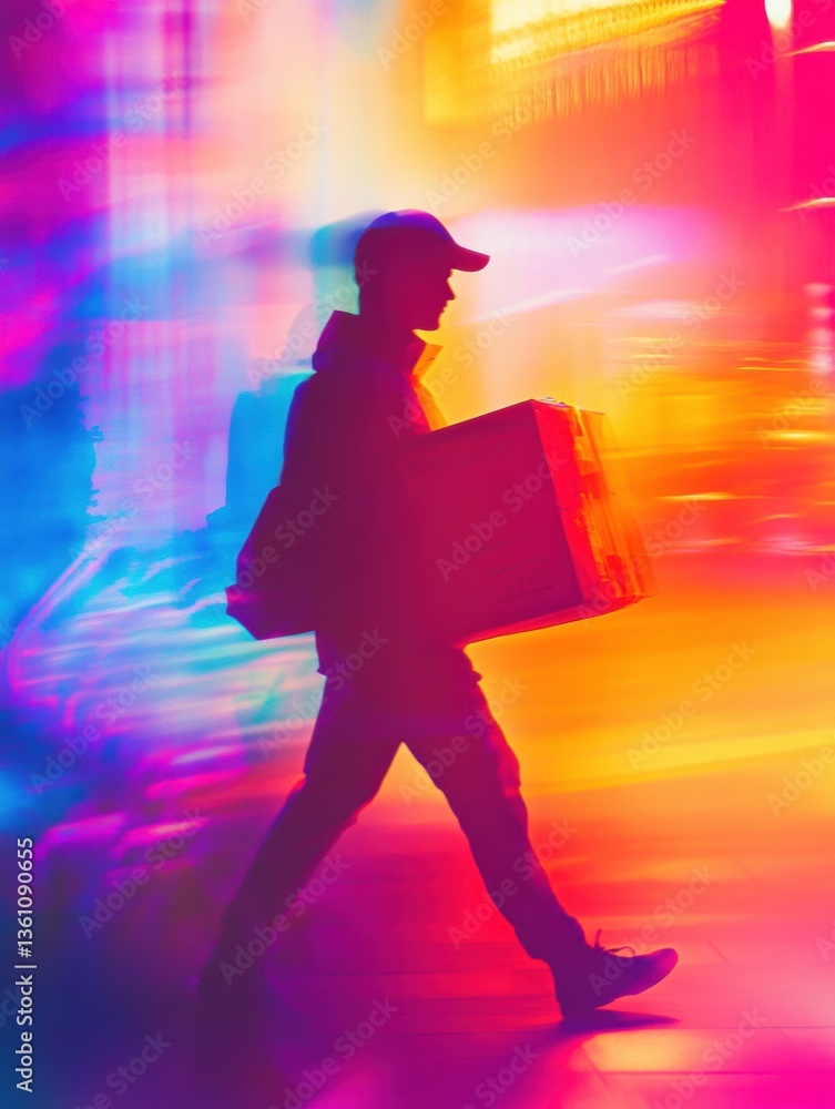 Leinwandbilder delivery worker silhouette against a vibrant abstract background in neon colors with soft depth effe