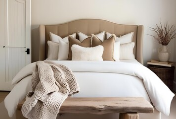 Cozy Neutral Bedroom with Upholstered Bed & Rustic Wooden Bench – Modern Minimalist Design