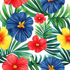 Fototapeta premium Bright watercolor floral pattern with vibrant hibiscus and tropical leaves