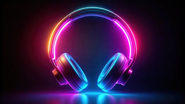 Neon glowing headphones with vibrant electro house music album cover on a dark background, music lover, trendy,  music lover