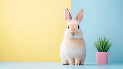 Fototapeta premium Cute fluffy rabbit sitting beside small potted plant on table