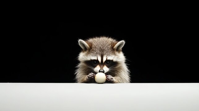 Raccoon Curiously Observing a Small White Egg on a Table