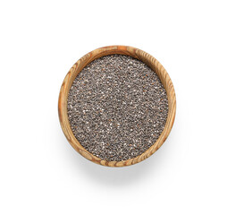 Wooden bowl with chia seeds on white background