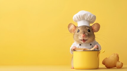 Cute Mouse Chef Smiling with Cooking Pot and Yellow Background
