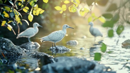 Fototapeta premium Tranquil Scene of White Birds Standing on Rocks by Serene Waters Surrounded by Lush Greenery and Soft Morning Light