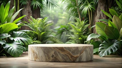 Elegant marble stone podium with driftwood for product display amidst lush greenery and natural textures, natural materials, podium