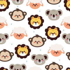 Obraz premium seamless pattern cute cartoon lion, koala, sheep, monkey. cute animal head pattern, for wallpaper, gift wrap paper