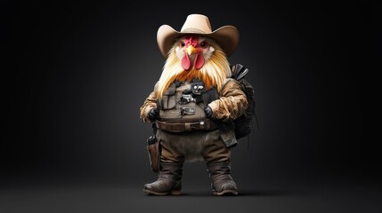 Cartoon chicken in cowboy outfit with hat and accessories