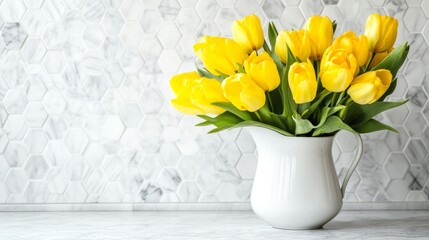Elegant yellow tulip bouquet in a white vase on a kitchen countertop with a hexagonal white tile background. Minimalist floral decor with copy space.