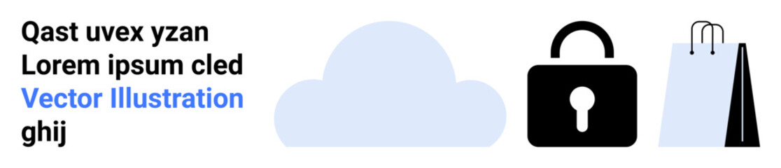 Cloud, secure padlock, and shopping bags representing data storage, cybersecurity, and e-commerce. Ideal for technology, retail, online privacy, cloud computing digital security fintech simple