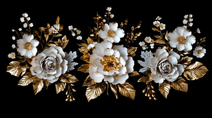 Fototapeta premium A set of three white and gold floral arrangements on a black background
