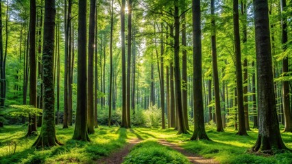 Dense forest with towering mature trees and saplings in various life stages , landscape, scenery,  landscape, scenery