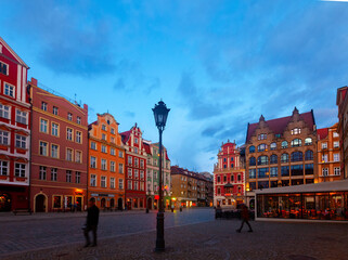 View of illuminated historical Market Square in Wroclaw on spring evening.